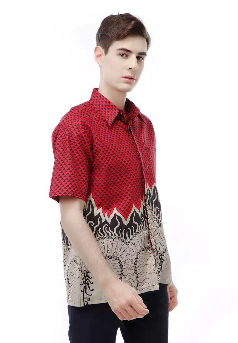 Kendrick Atasan Formal Kemeja Batik Pria Motif Lidah Api Short Sleeve Full Furing Material Cotton ORIGINAL - Red