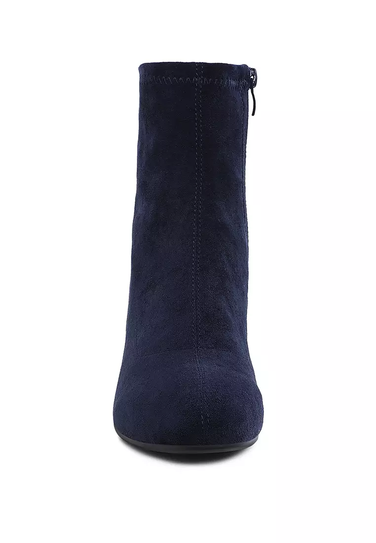 Sepatu bot hak blok berhias berlian imitasi warna biru tua