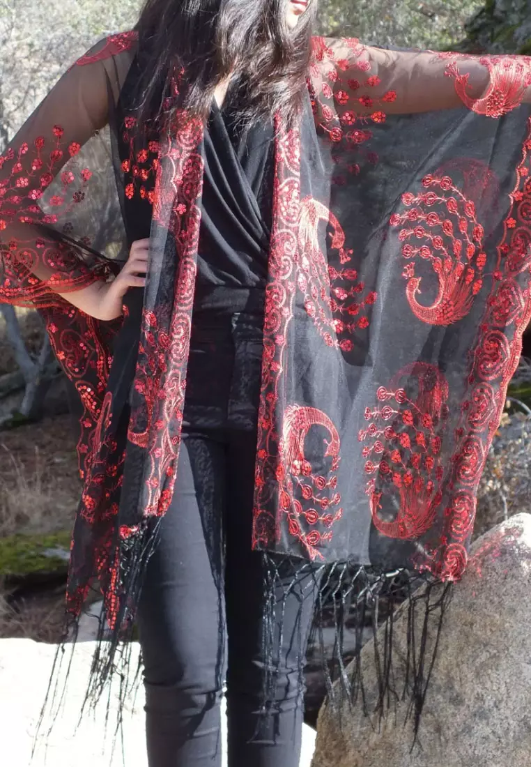 Aksesoris Wanita Peacock Sequin Lace  Fringed Evening Shawl Syal Pesta Wanita Black & Red