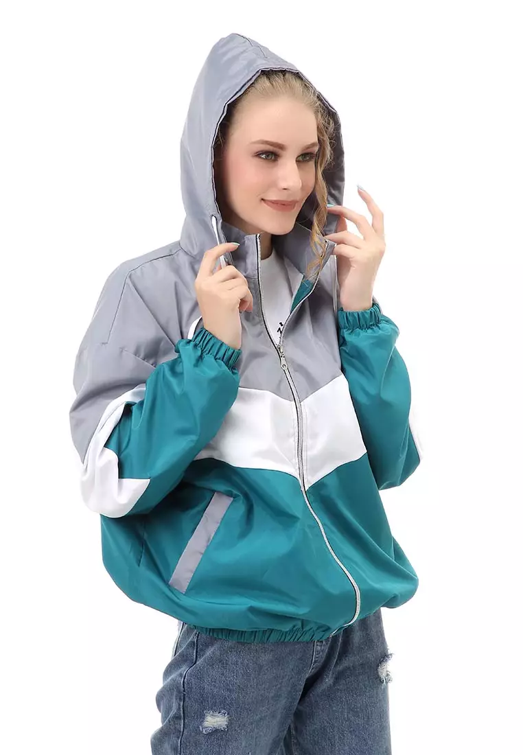 Hardwin Jacket Outer Wanita Jaket Hoodie Kombinasi 3 Warna Material Parasut Despo ORIGINAL - Gray White Tosca