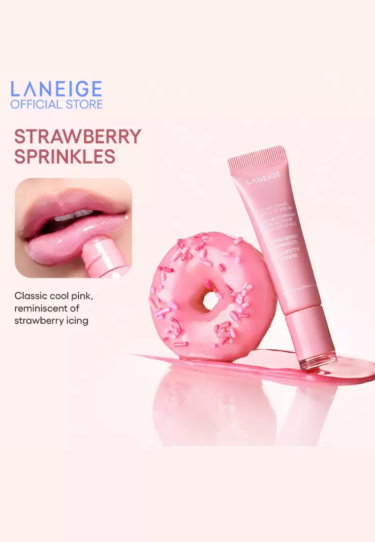 Laneige Glaze Craze Tinted Lip Serum (Strawberry Sprinkles) – 12G , comes in 6 buildable, donut-inspired flavours, Glossy lips, hydrating lips, tinted lips.