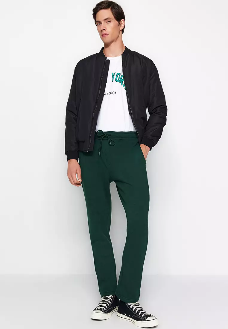 Green Regular Cut Cotton Open Leg Sweatpants