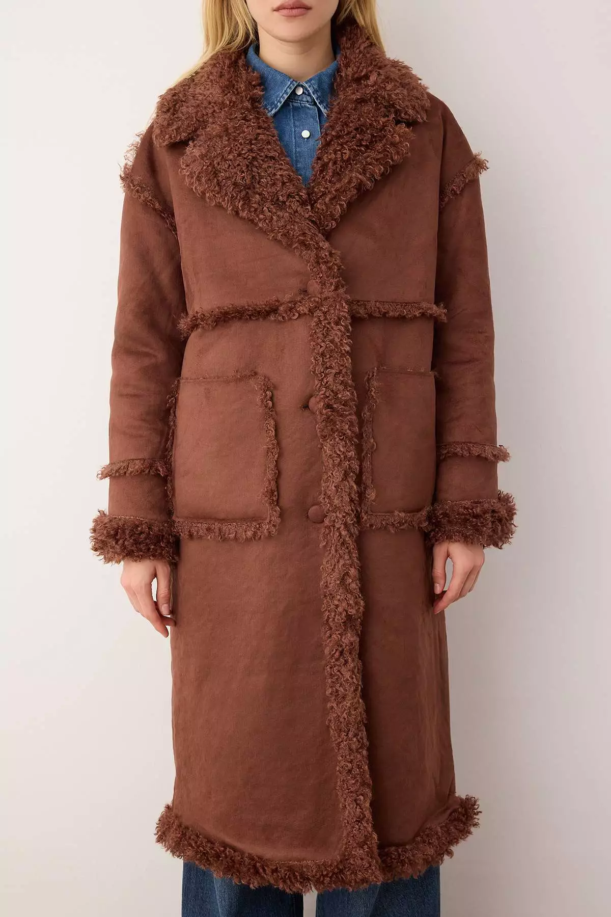 Brown Double-Sided Fur Mono Closure Oversize Long Suede Coat