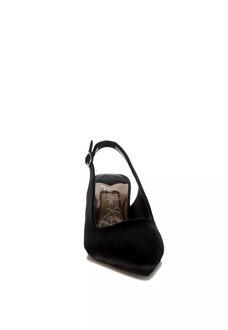 Sepatu Slingback Ujung Lancip Satin Warna Hitam