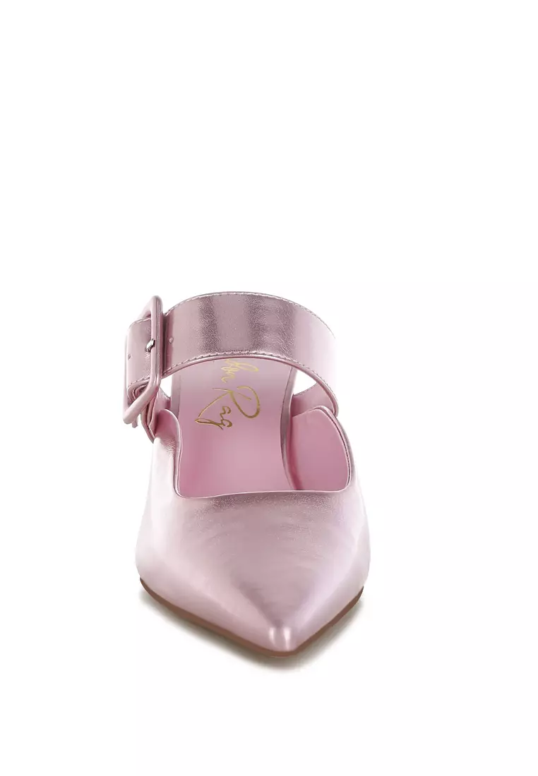 Large Buckle Kitten Heel Mules In Pink