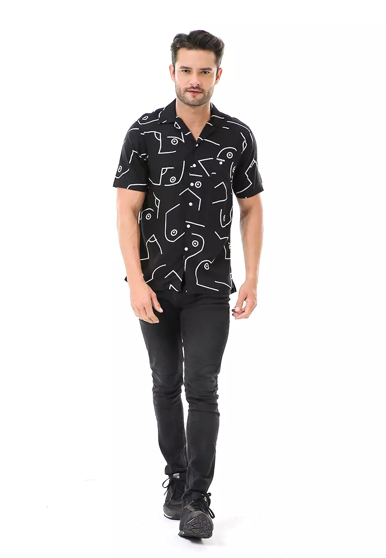 Leopold Kemeja Printing Pria Motif Abstrak Lengan Pendek Material Rayon ORIGINAL - Black