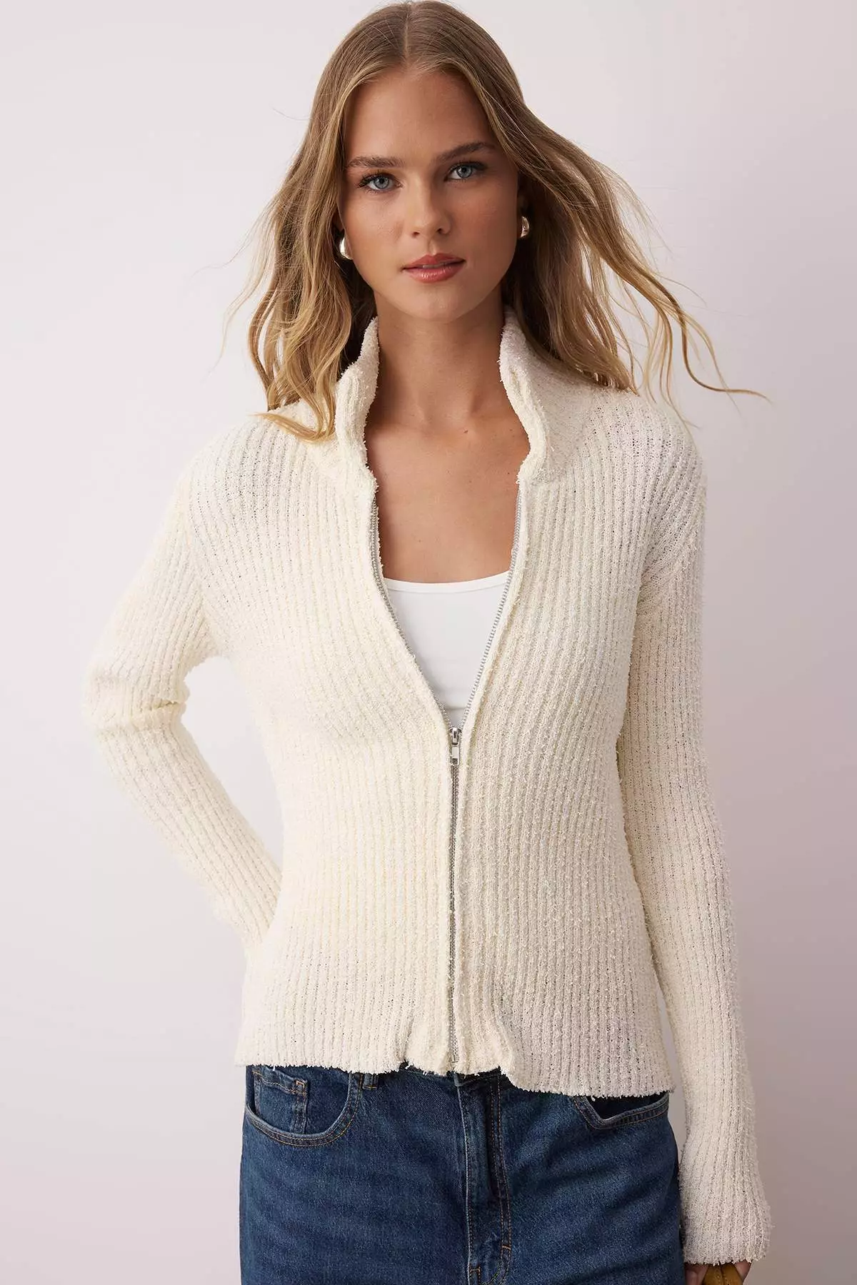 Stone Zipper Stand Collar Soft Textured Cotton Knitwear Cardigan