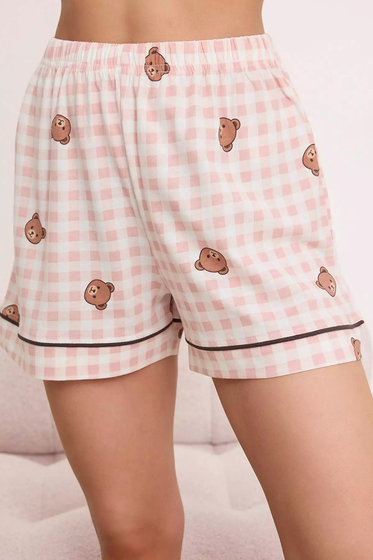 Pink 1% Cotton Plaid / Checkered Teddy Bear Patterned Ribbed Knitted Pajama Set Thmss26Pt157