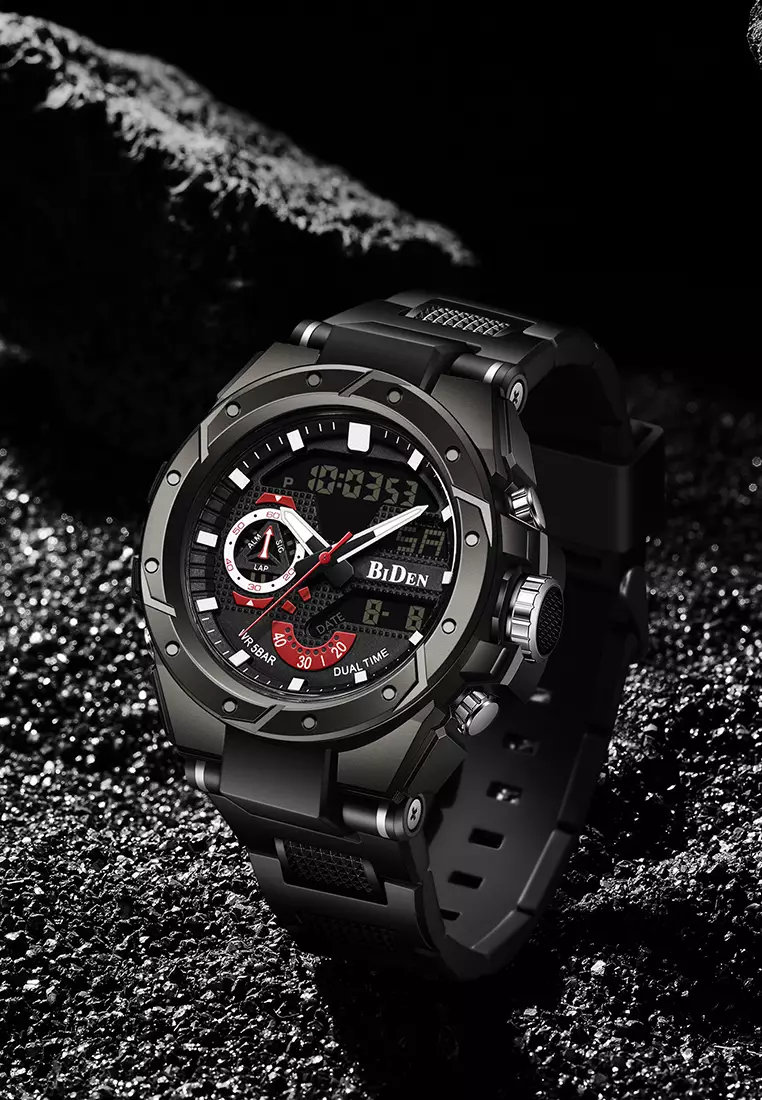 Jam Tangan Pria Anit Air Digital Analog Olahraga Bercahaya Multifungsi Tali Silikon Jam Tangan Cowok Original merah