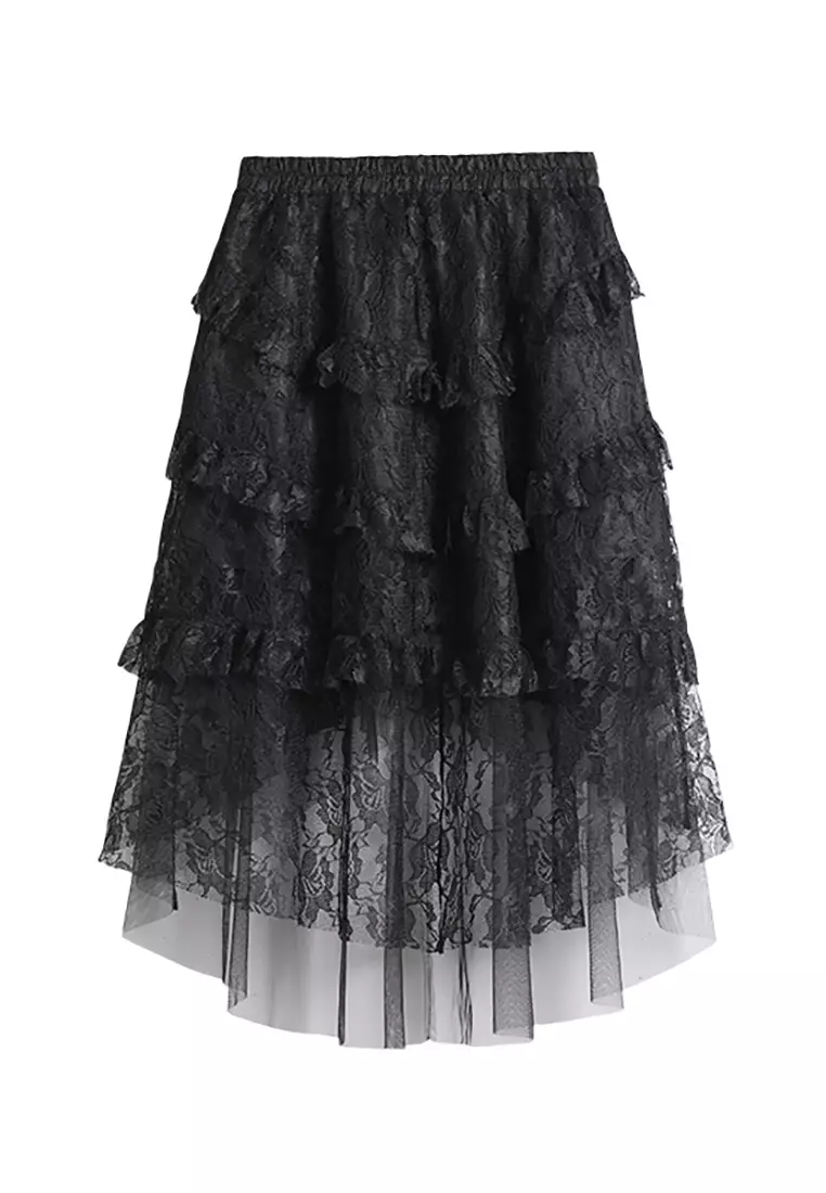 High Waist Mesh Lace Pleated Skirt
