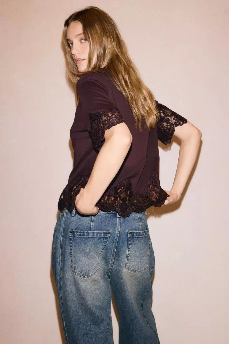 Lace-trimmed cotton T-shirt