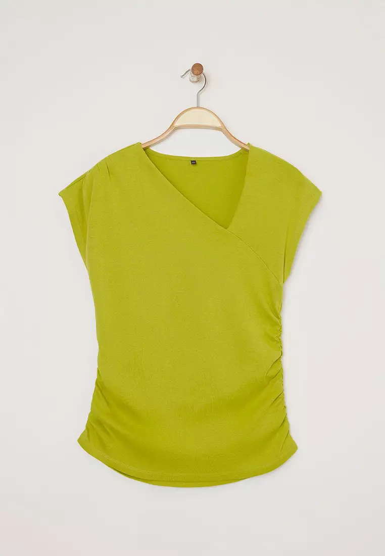 Oil Green Soft Fabric Asymmetrical Collar 100% Cotton Knitted Plus Size Blouse TBBSS25AF00002