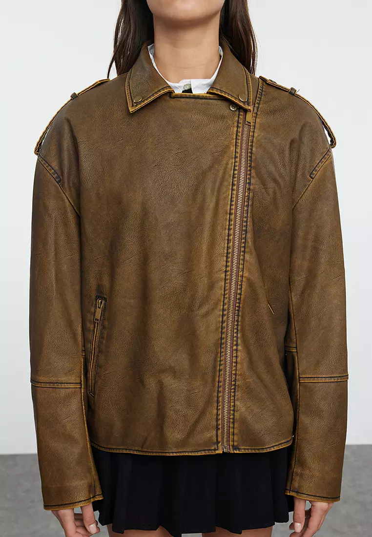 Brown Oversized Wash Effect Faux Leather Biker Jacket Coat
