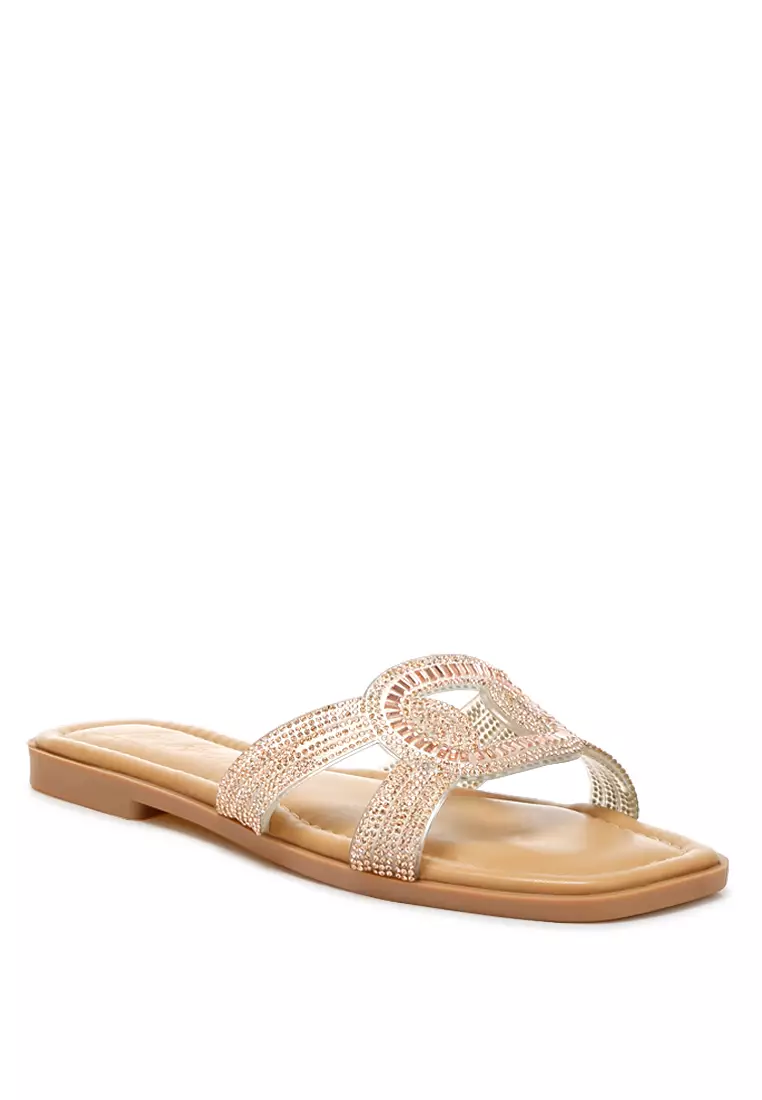 Rhinestones Embellished Flat Sandals in Rose Gold
