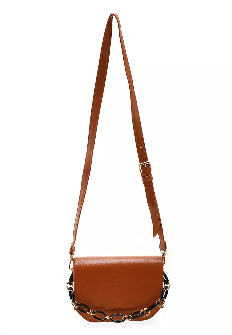 Vellya Slingbags Women Tali Rantai Motif Polos Design Casual - Mocca