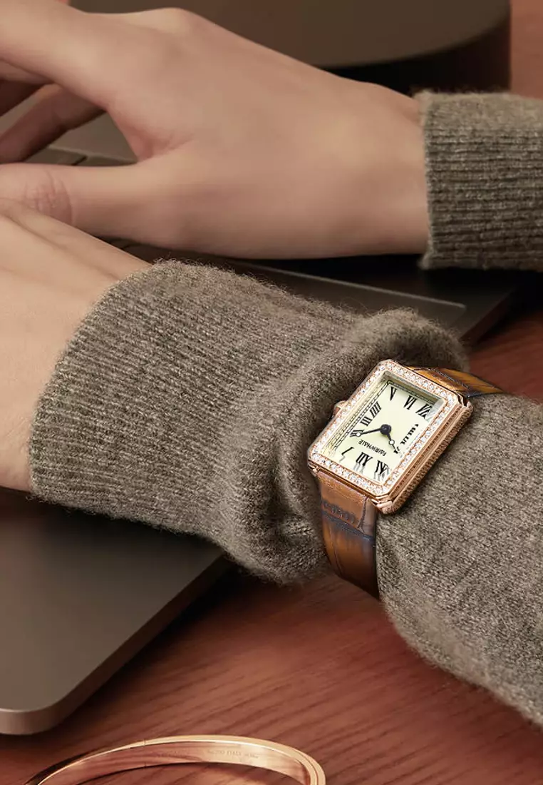 Ladies IP Rose Gold and Stainless Steel Quartz Watch, 23mm Watch Case Height, Brown Leather Strap