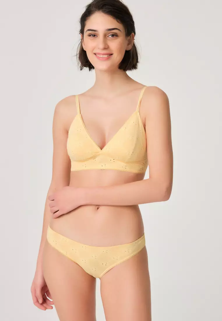 Yellow Basic Briefs, Floral, Embroidered, Regular Fit, Underwear for Women