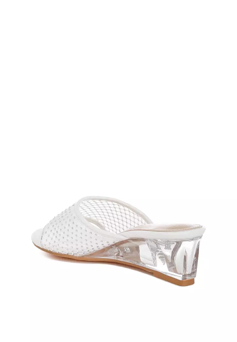 Mesh Clear Heel Wedge Sandals In White