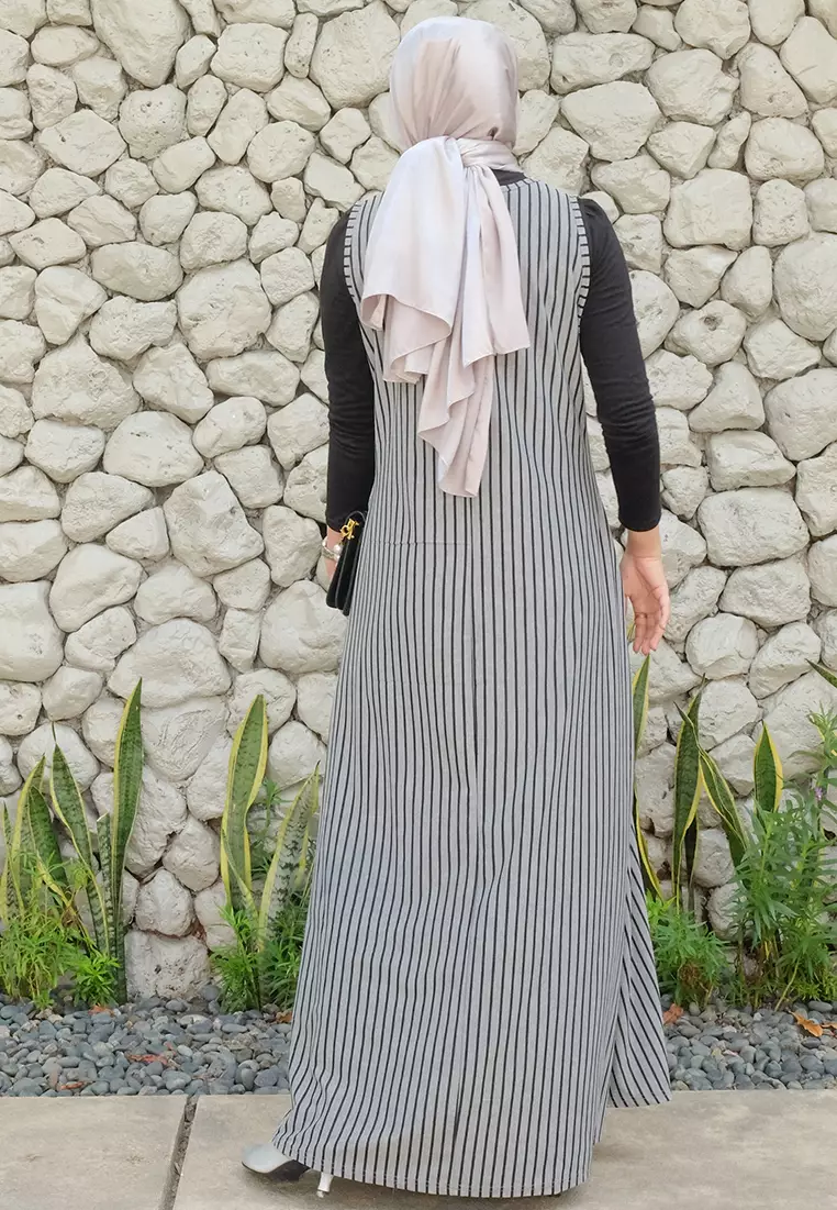 JV Hasanah Sheilla Sleeveless Big Stripes Dress Grey | Gamis Kensy Inner Salur