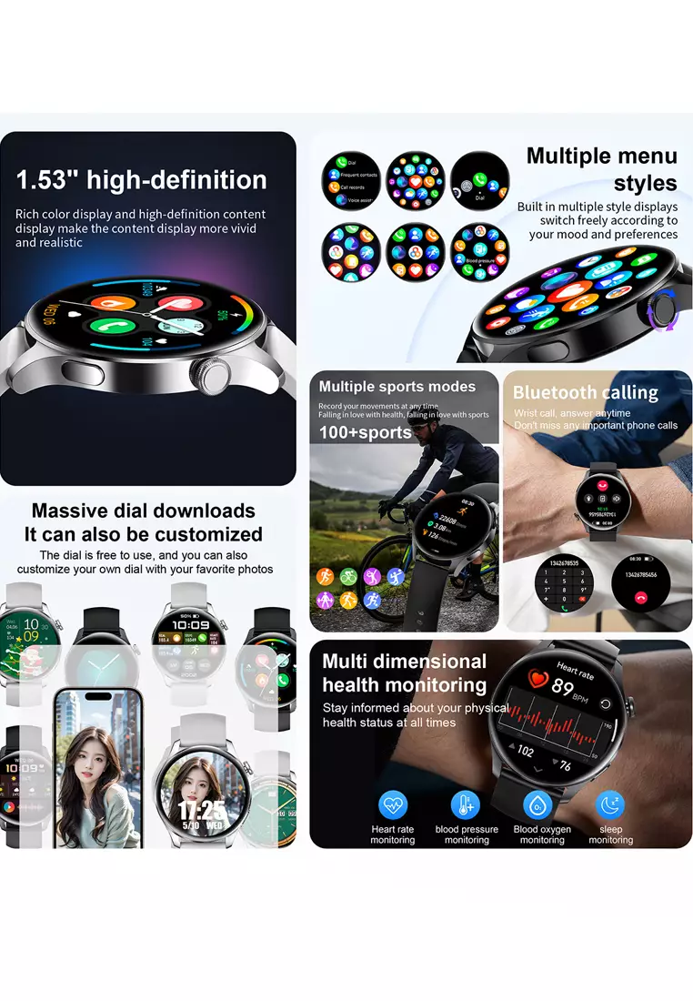 Smartwatch 1.53 inch TFT Screen Full Touch Jam Running Pria  IP67 Waterproof 100+Sports Modes Bluetooth Call black