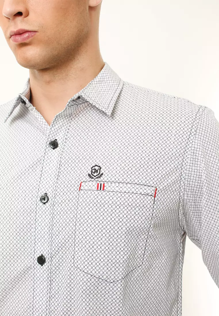 Johnwin Slim Fit - Kemeja Casual - Motif Kotak Kecil - Warna Putih
