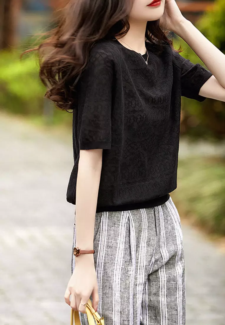 Round Neck Jacquard Short Sleeve T-shirt XHG-192
