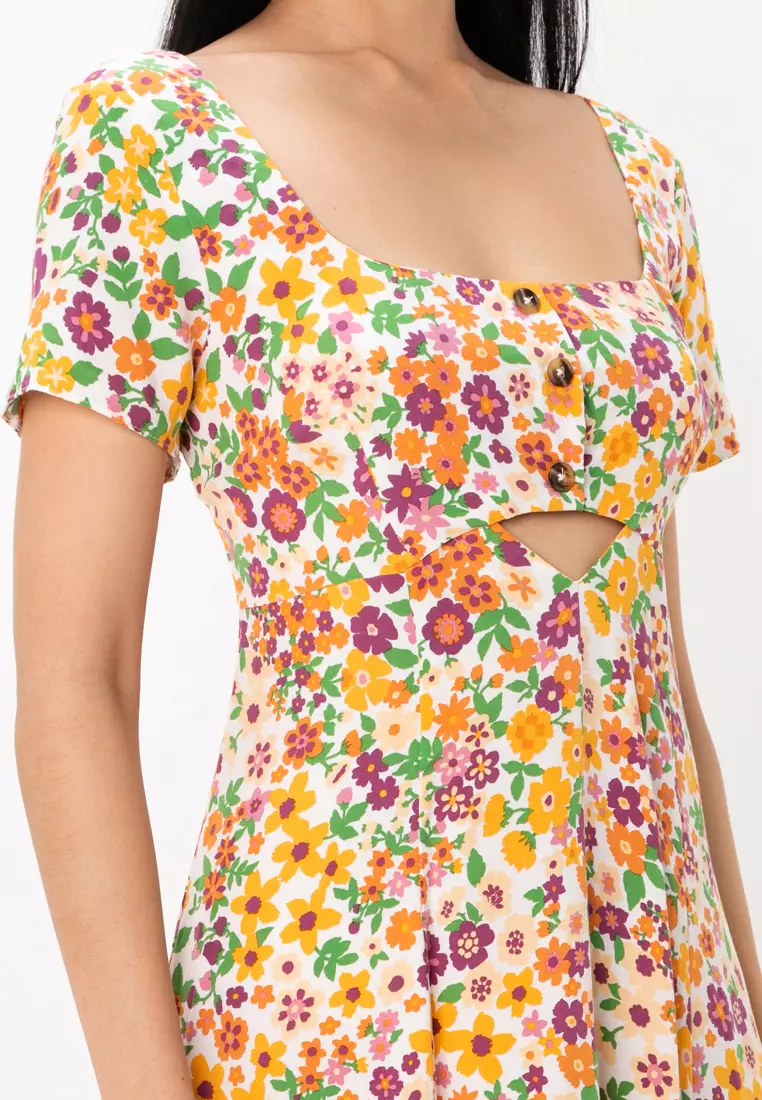 Button Detail Triangle Cut Out Mini Tea Dress