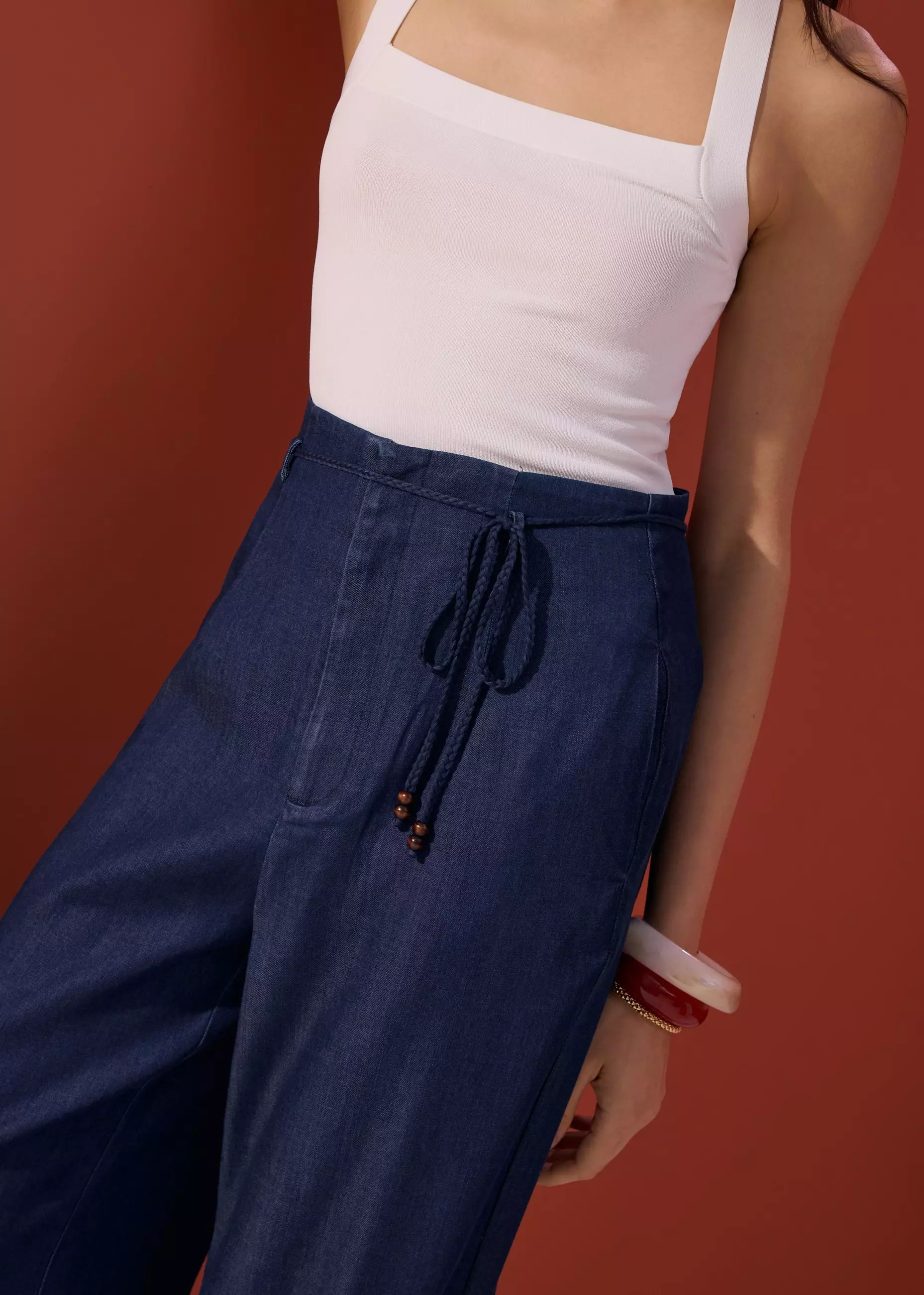 Celana Panjang Wanita - Detachable Sash Chambray Straight Leg Ankle Length Pants