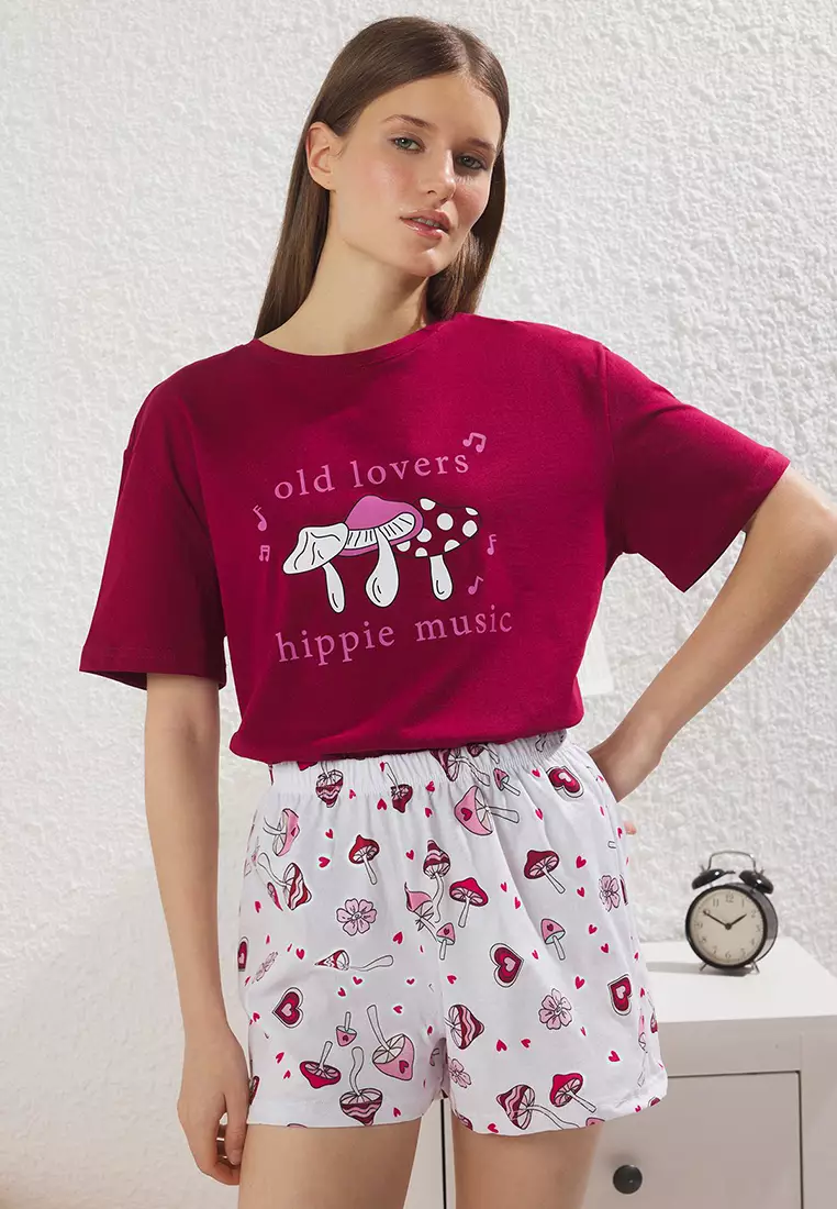 Claret Red 100% Cotton Fun Patterned Shorts Knitted Pajama Set Thmss25Pt00393