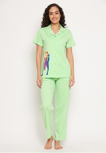 Clovia green Clovia Aquarius Print Button Me Up Shirt & Pyjama Set in Mint Green - 100% Cotton 2A34CAAD3A14F2GS_1