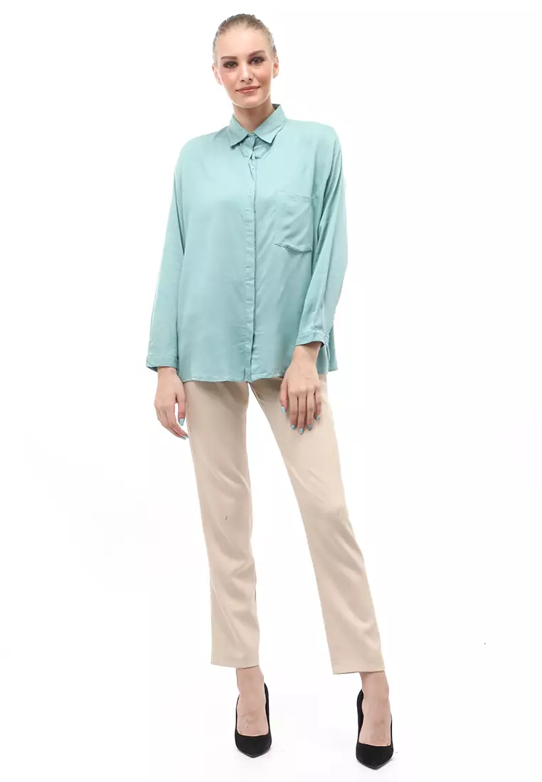 Dean Basic Shirt Lengan Panjang Atasan Wanita Front Button Opening Relaxed Fit - Tosca