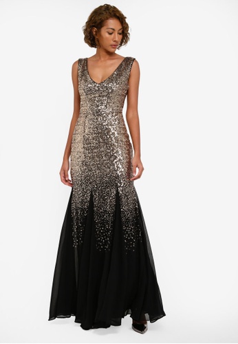 Sequin and Chiffon Fishtail Maxi Dress in Champagne