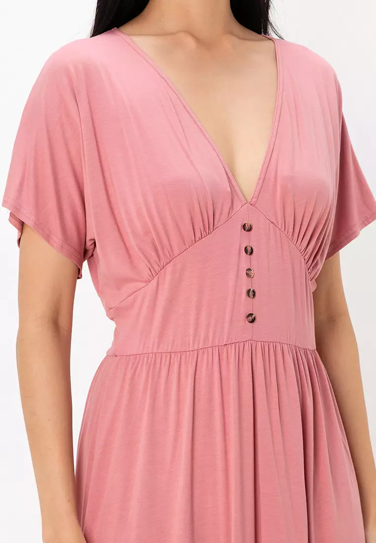 Waisted Midi Tea Dress With Buttons