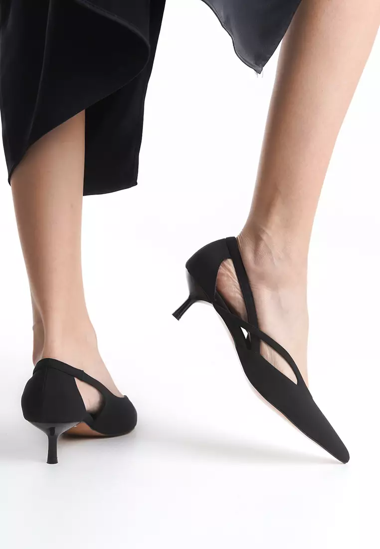 Black Cut Out Detailed Satin Pointed Toe Women's Kitten Heels Shoes Takss25To00079