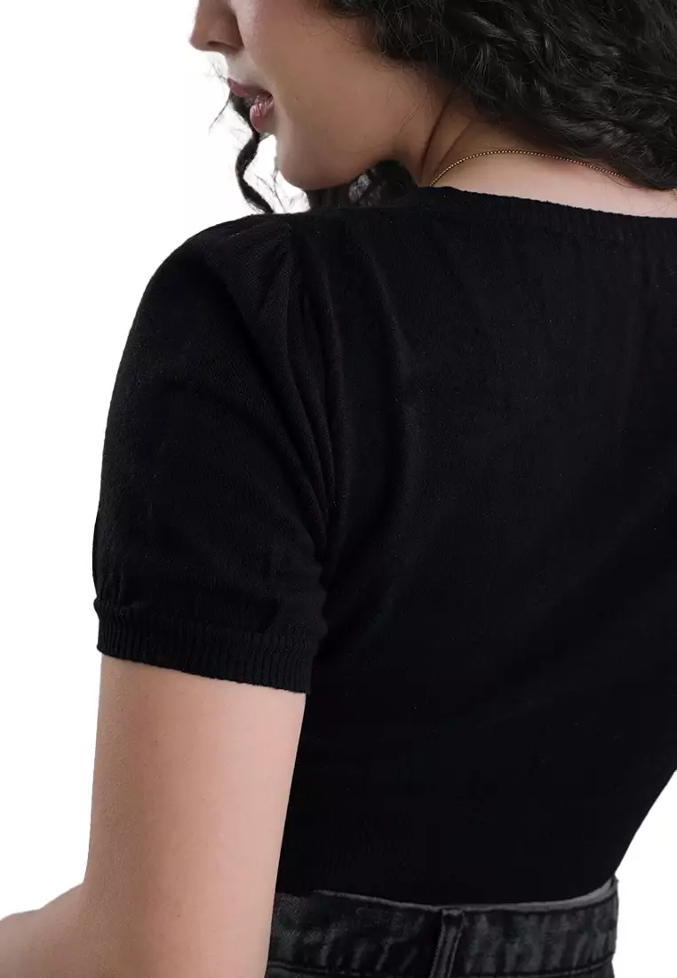 Knitted Button Down Top With Puff Sleeves