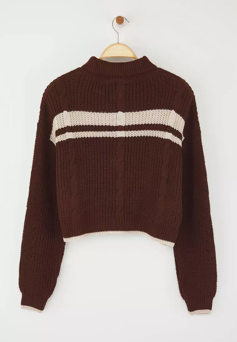 Brown Crop Block Stand Collar Knitwear Cardigan