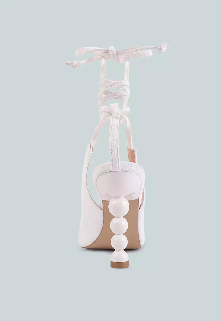 White Faux Suede Cut Out Heel Laceup Sandals