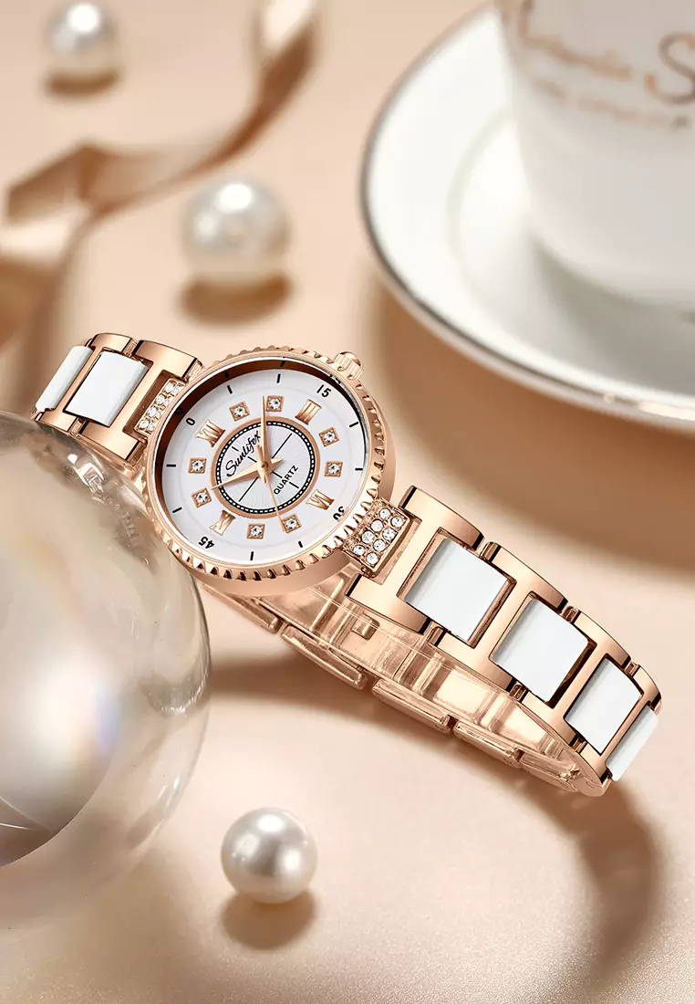 Jam Tangan Wanita Original 8013 Korea Santai Berlian Anti Air Tali keramik Jam Tangan Cewek rose white