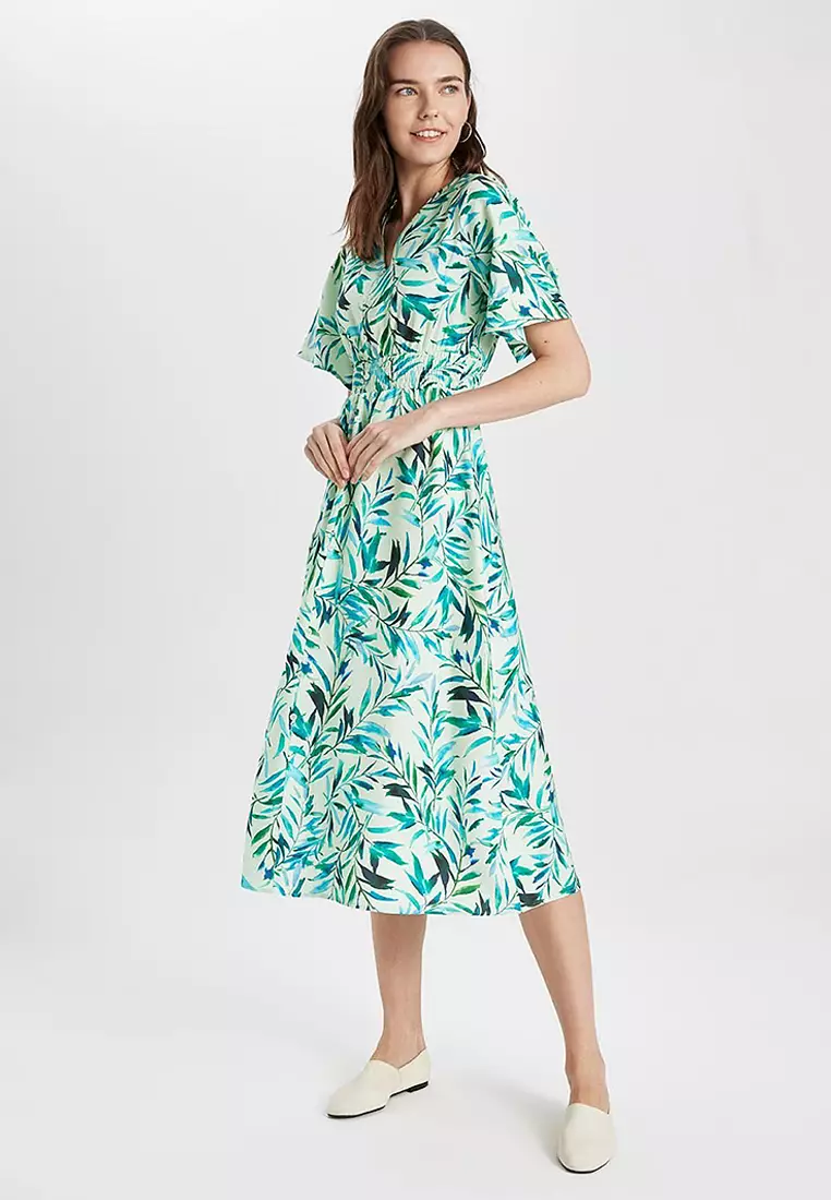 V-Neck Printed Midi Dress