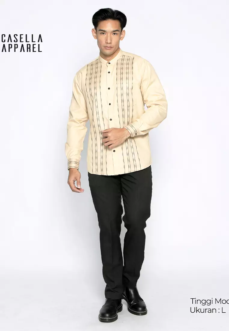Casella Baju Koko Pria Lengan Panjang Vertical Pattern | Baju Koko Lengan Panjang Khalid 9926 Hazelnut