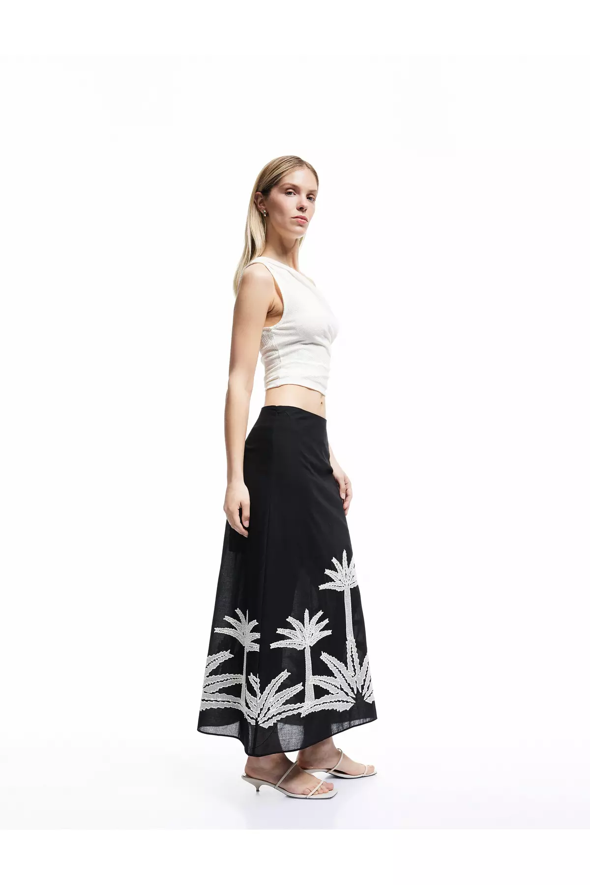 Embroidery Detailed Palm Pattern A-Line Midi Skirt