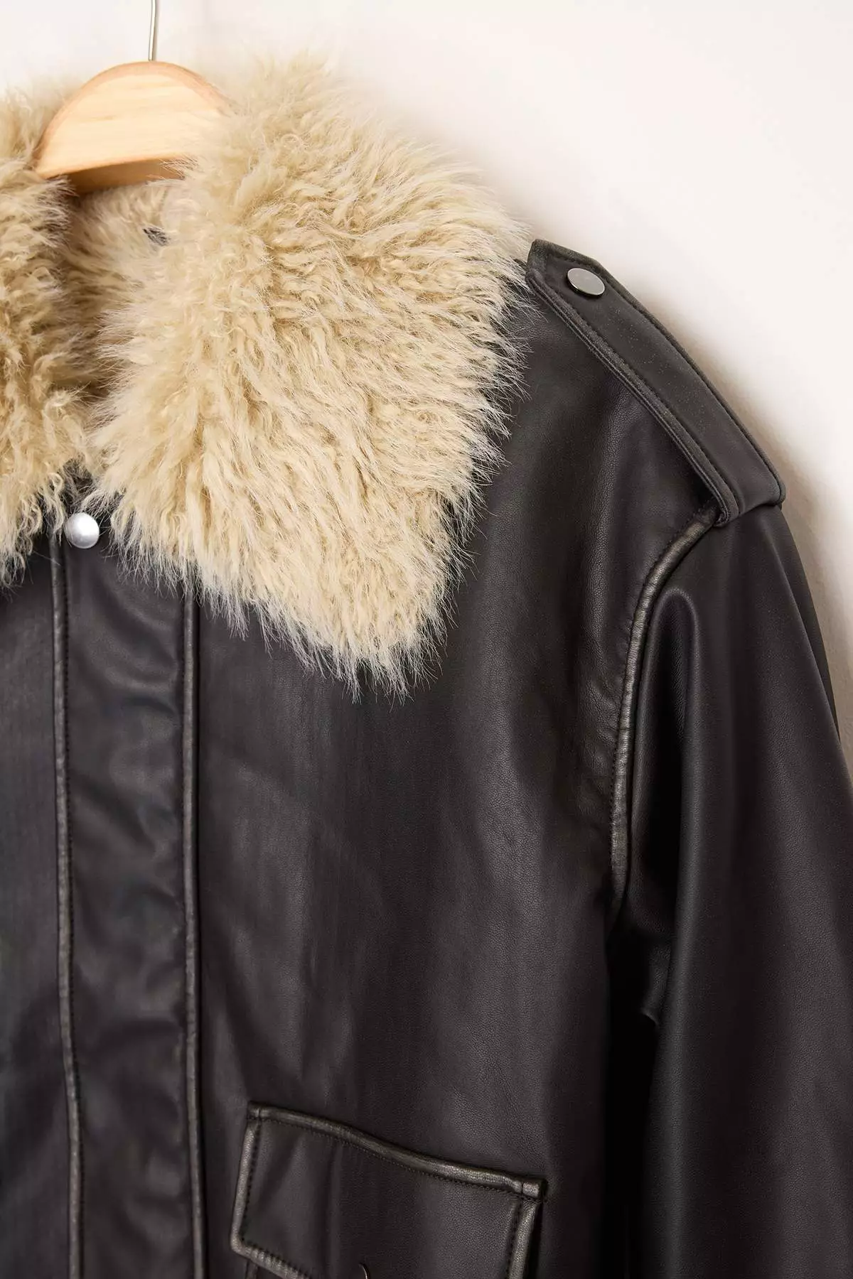 Black Regular Fit Fur Detailed Faux Leather Coat