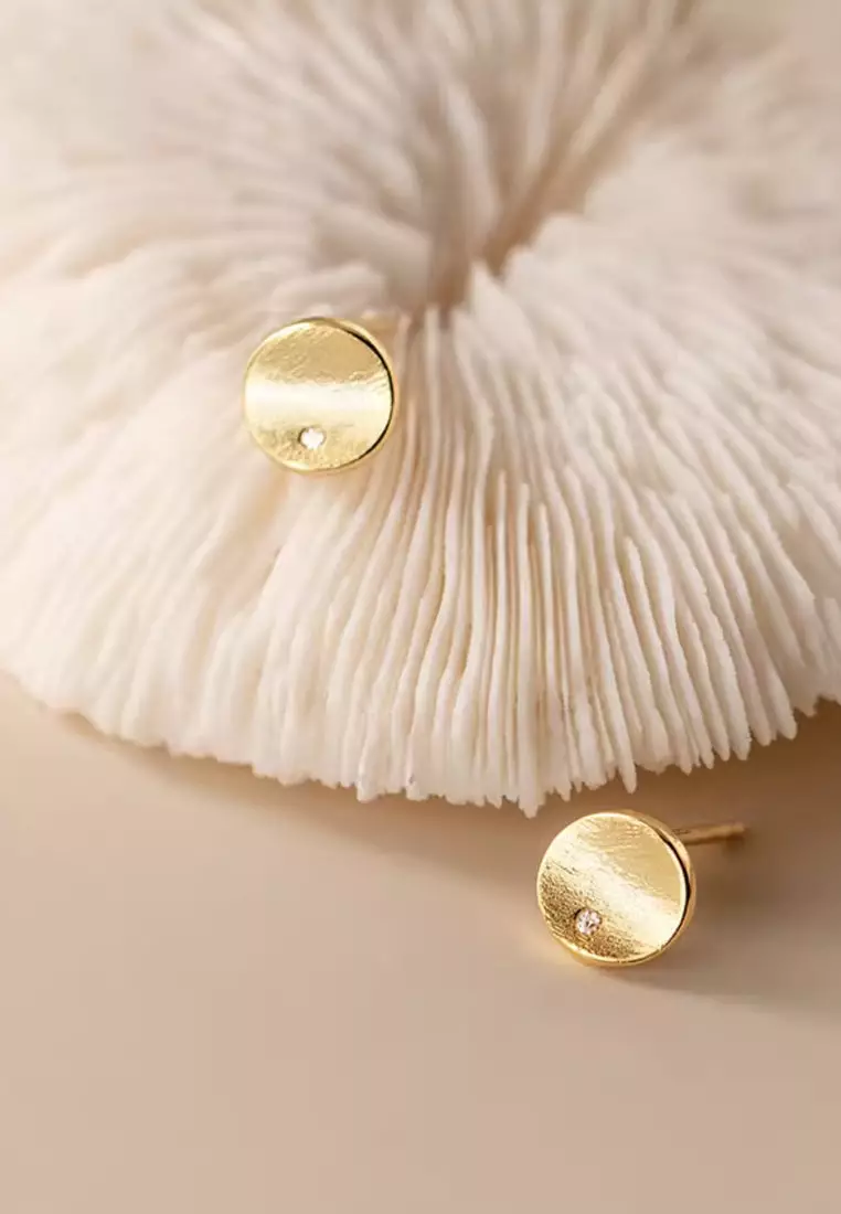 925 Silver Plated Gold Brushed Concave Round Plate Earrings JW AR-G8971