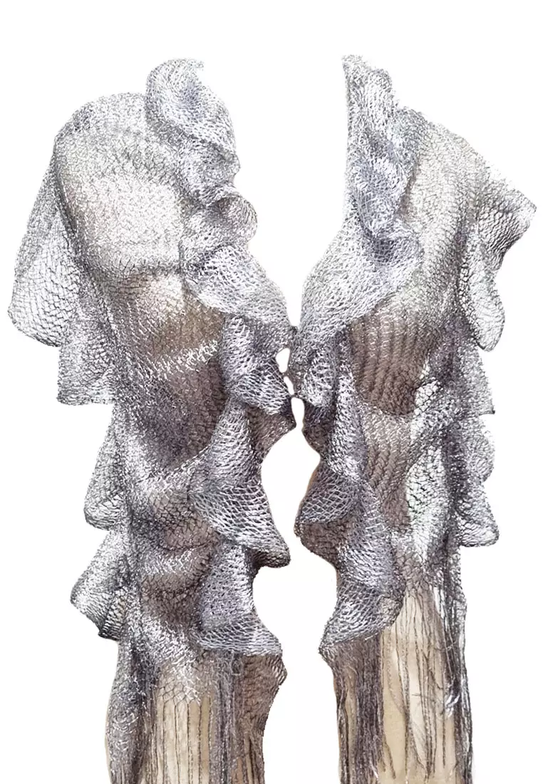 Crochet Frilled Scarf Metallic Grey