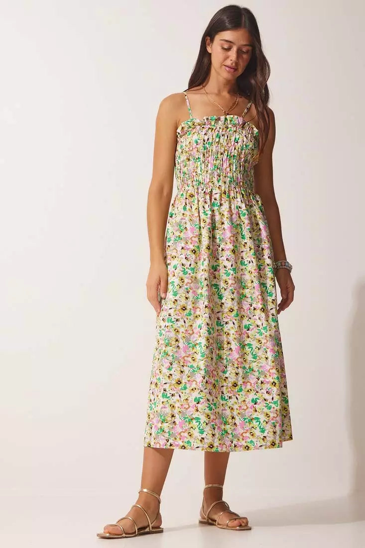 Buy Happiness Istanbul Summer Poplin Dress in Green/Pink Multi 2024 Online