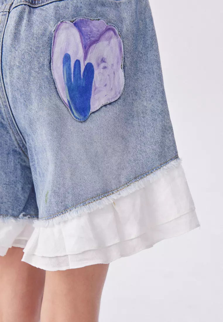 Ruffle Netting Denim Short