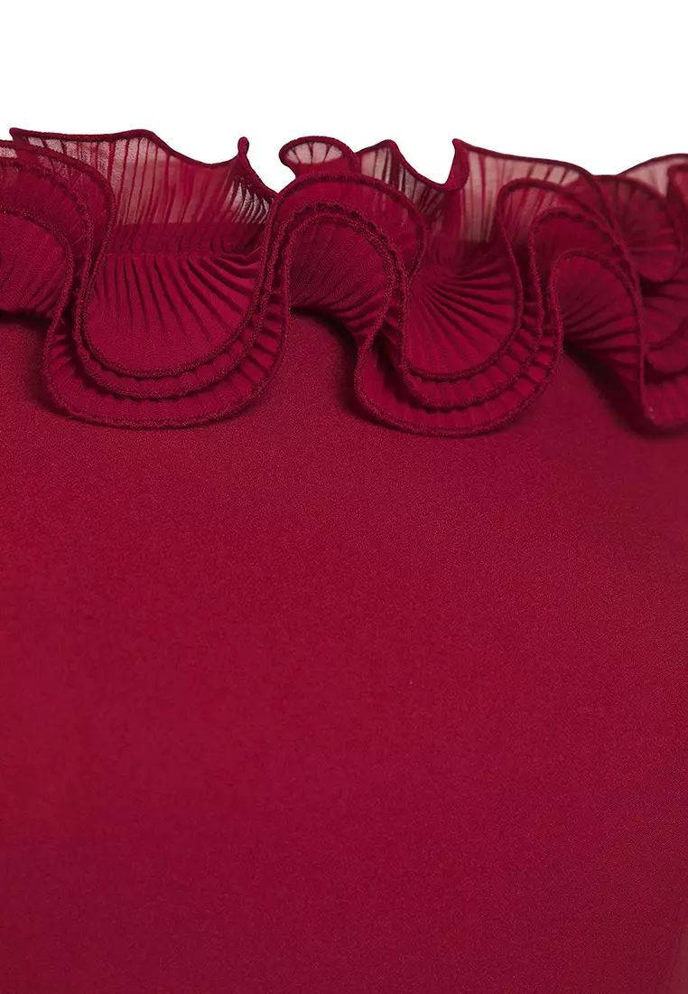 Burgundy Madonna Collar Frilly Slit Woven Large Size Dress Tbbss25Ah00142