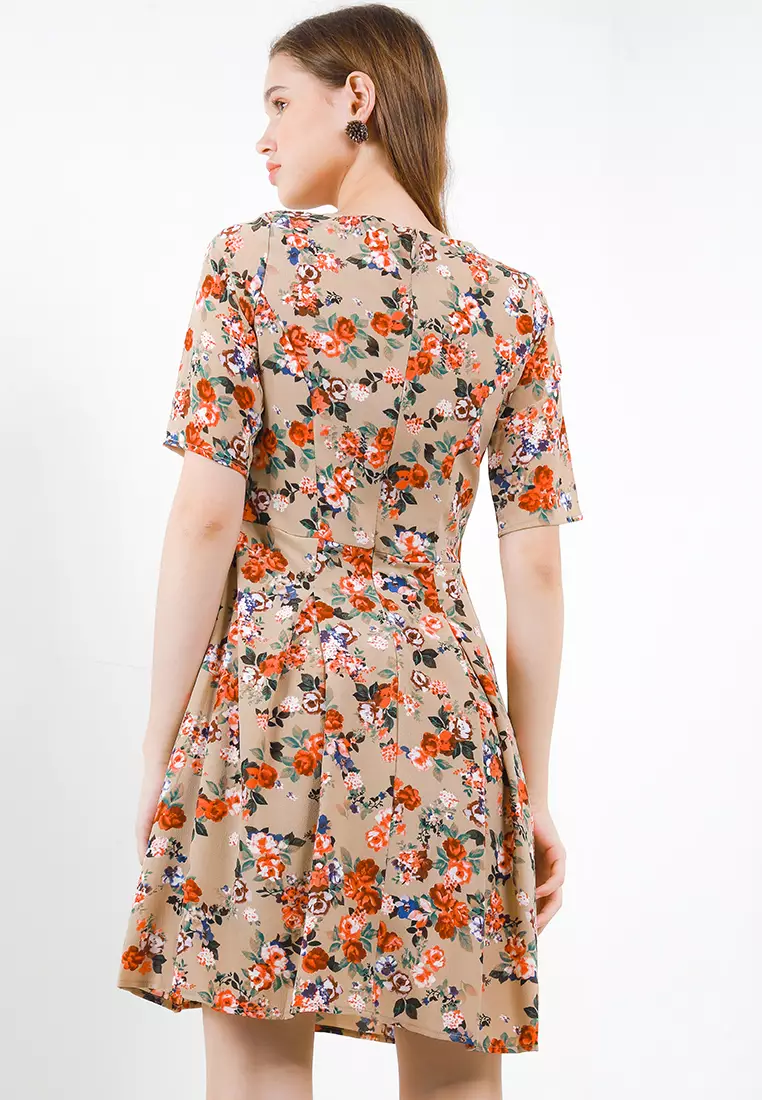 Shira Floral Print Dress In Brown