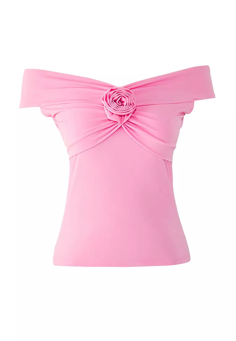 Pink Rose Detail Fitted/Fits Body Flexible Knitted Blouse Twoss25Bz00041
