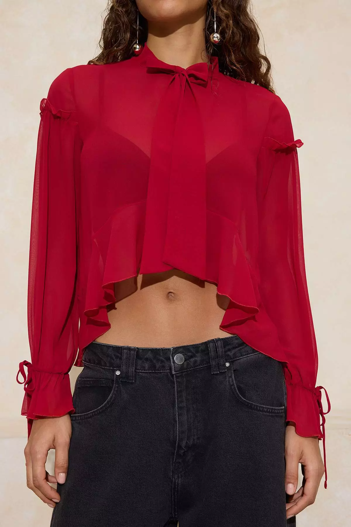 Red Scarf Collar Front Short Chiffon See-Through Blouse Twoss26Bz212